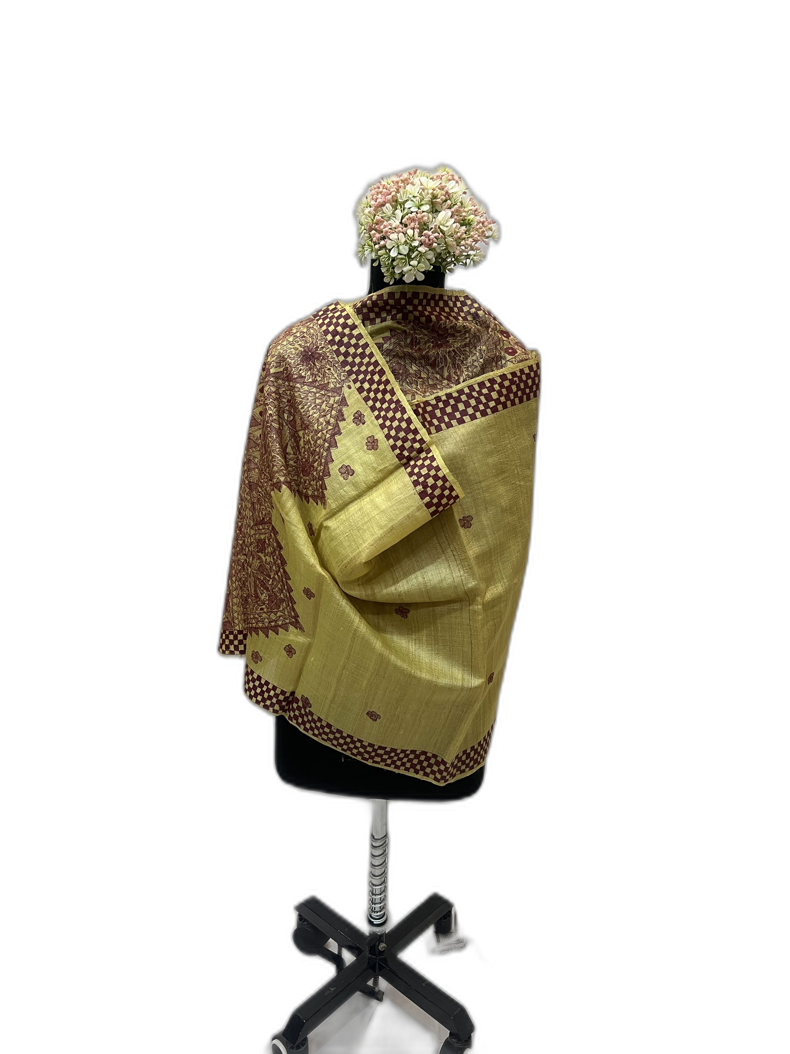 Desi Tussar Silk Stole in Yellow with Handpainted Madhubani